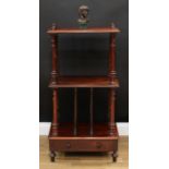 A Victorian rosewood three-tier music room whatnot, rectangular top with carry handles, above two