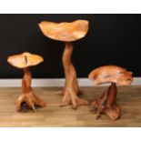 A set of three rootwood garden mushrooms, the largest 100cm high, 60cm wide, 55cm deep, the