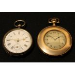 A French lady's silver pocket watch, late 19th century; a gold plated open face pocket watch, 20th