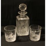 A good quality cut glass decanter, engraved with a braying stag with doe and fawn to verso,