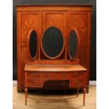 A Sheraton Revival satinwood and marquetry two-piece bedroom suite, comprising wardrobe and dressing