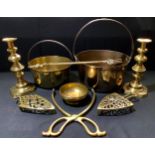 Metal Ware - a pair of 19th century brass ejector candlesticks; a brass jam pan; another, smaller;