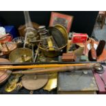 A set of Avery spring balance scales; others Salters; brass jam pan; warming pan; driving googles;