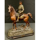 After Ruffony, French, painted spelter, mounted army officer, the base with cannon, titled, 53c,