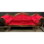 A Victorian Mahogany Scroll Arm Chaise Longue, Burgundy Velvet upholstery, turned legs, ceramic