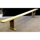 An elm school bench. 46cm high x 300cm long x 19cm wide.