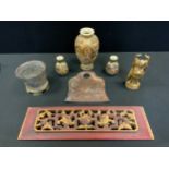 A pair of miniature Satsuma pottery vases; another; cast brass Buddha ; Dragon crumb scoop etc.