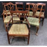 A set of four Regency mahogany dining chairs, drop in seats, c.1815; a Hepplewhite elbow chair; a