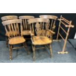 A pair of 19th century beech splat back kitchen chairs, pierced back, turned legs; a set of three