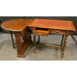 A late Victorian side table, leather lined top, two frieze drawers, turned supports, H-stretchers,