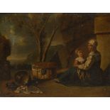 Spanish School (late 17th/18th century) Mother and Daughter, a basket and scattered domestic wares