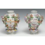 A pair of Bow inverted baluster frill vases painted and applied with insects and flowering stems and