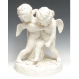 A Copeland Parian sculptural group, Cupids Contending, after Fiamingo, shaped oval base, 38cm