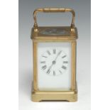 A French lacquered brass carriage clock, by Henri Jacot, Paris, 6cm rectangular enamel dial
