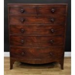 A George IV mahogany bow-front chest, of tall proportions, moulded edge top above two short and four