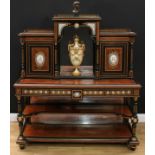 A Victorian Franglais gilt metal and porcelain mounted rosewood crossbanded amboyna and ebonised