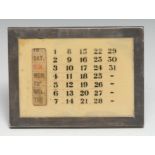 A George V silver rectangular easel desk calendar, 15cm wide, Birmingham 1921