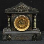 A 19th century French verde antico and black marble mantel clock, 10cm gilt dial with Roman