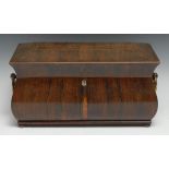 A George IV rosewood sarcophagus tea caddy, brass ring loop handle, the interior later fitter with
