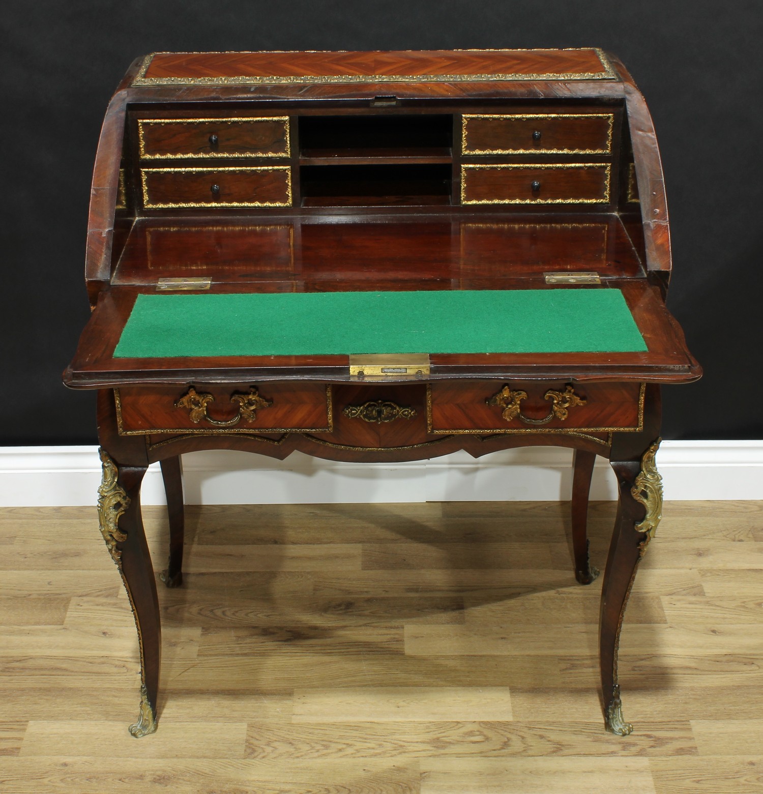 A 19th century French porcelain and gilt metal mounted rosewood bombe-shaped bureau du dame, in - Image 2 of 3