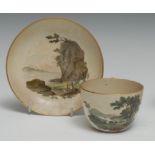 A Pinxton Bute shaped teacup and saucer, painted with a landscape, gilt line rims, c.1800