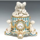 A Minton porcelain 'Sèvres' fluted column mantel clock, 7cm enamel dial with Roman and Arabic