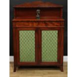 A George IV mahogany chiffonier, shaped back with open shelf flanked by turned pillars, the