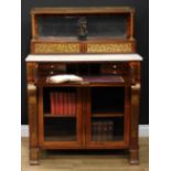 A Regency rosewood and brass marquetry secretaire chiffonier bookcase, rectangular superstructure