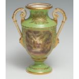 A Sampson Hancock Derby Named View pedestal two handled vase, painted by H. S. Hancock, signed, View