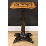 A Post-Regency William IV ebonised and pen work pedestal table, incurve rectangular top worked in