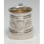 A Russian silver Christening mug, bright-cut engraved, angular scroll handle, gilt interior, 5.5cm