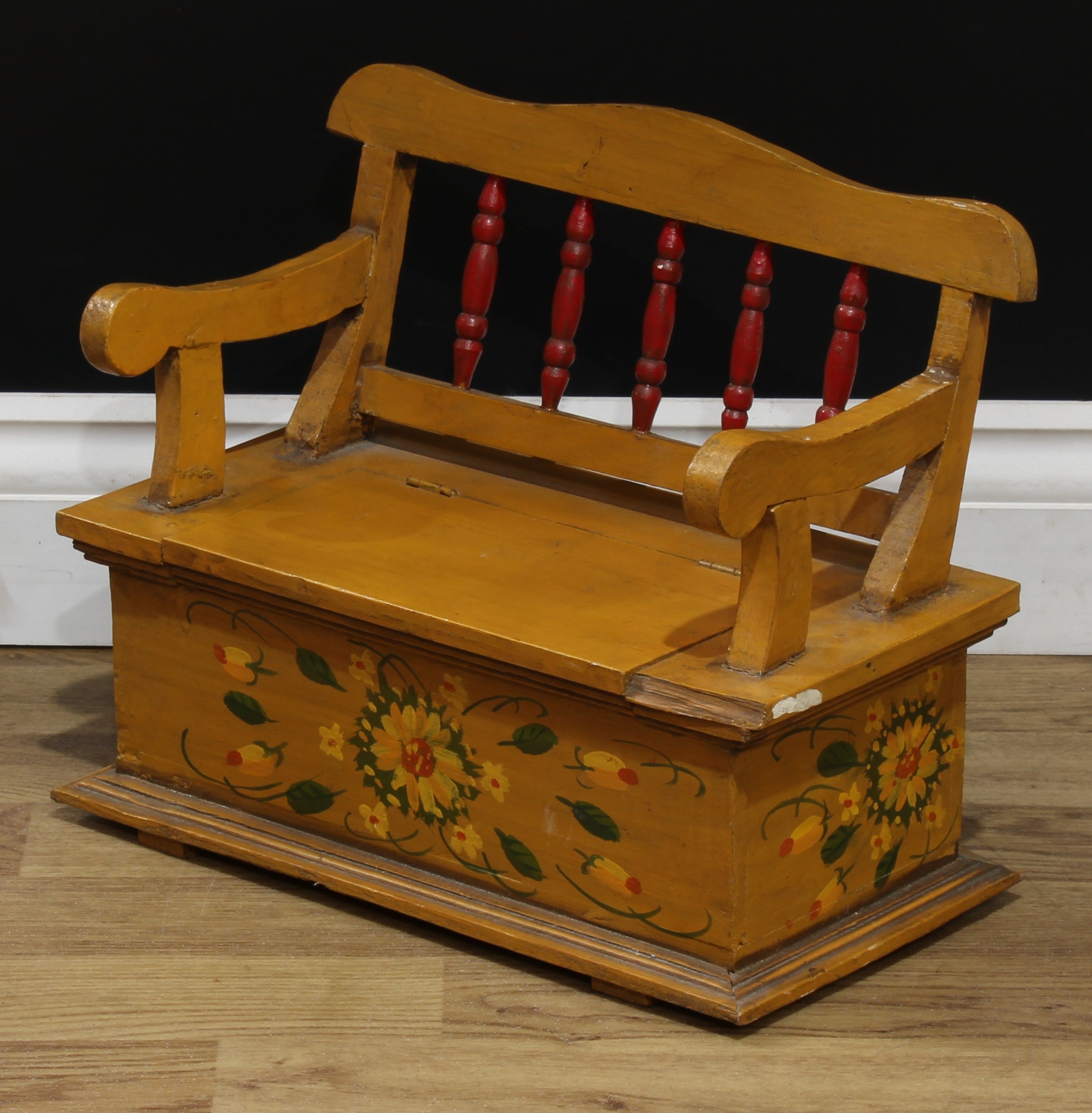 Miniature Furniture - an early-mid 20th century painted bench, possibly Scandinavian, painted with - Image 13 of 18