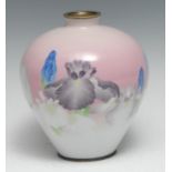 A Japanese cloisonne ovoid vase, well decorated with purple and blue irises on a shaded pink ground,