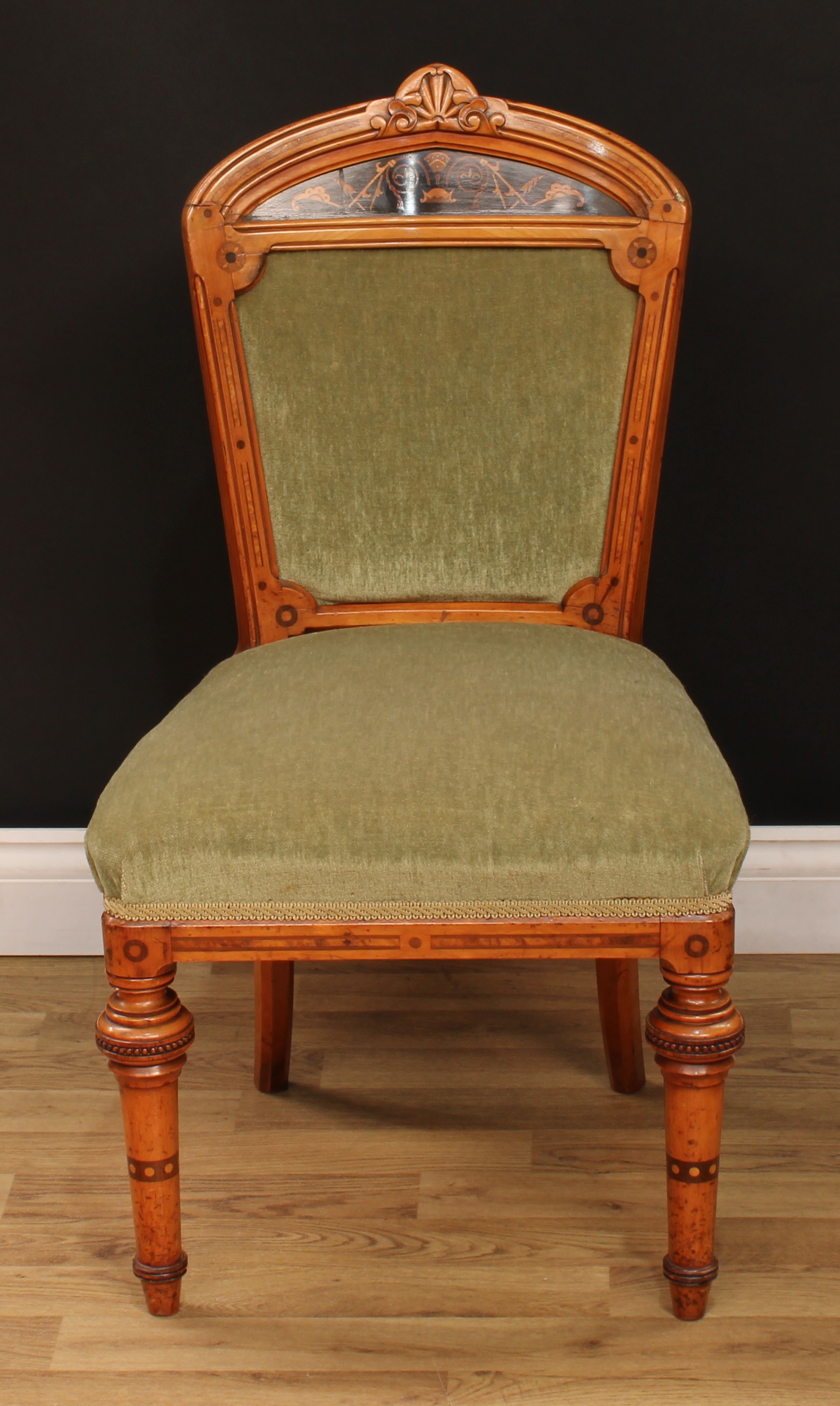 A pair of Victorian walnut and marquetry side chairs, each with shaped cresting rail carved with a - Image 5 of 7