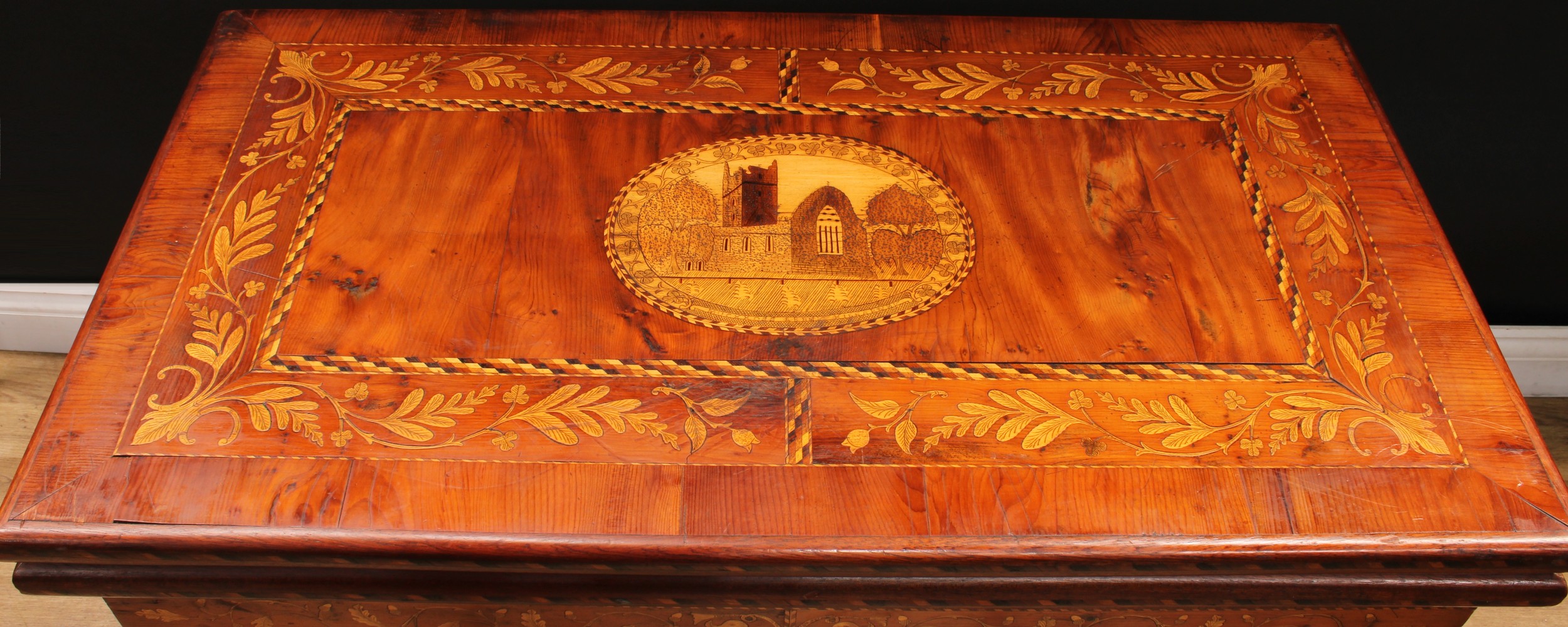 A 19th century Irish Killarney marquetry and yew room centre tea or silver table, hinged rectangular - Image 3 of 15