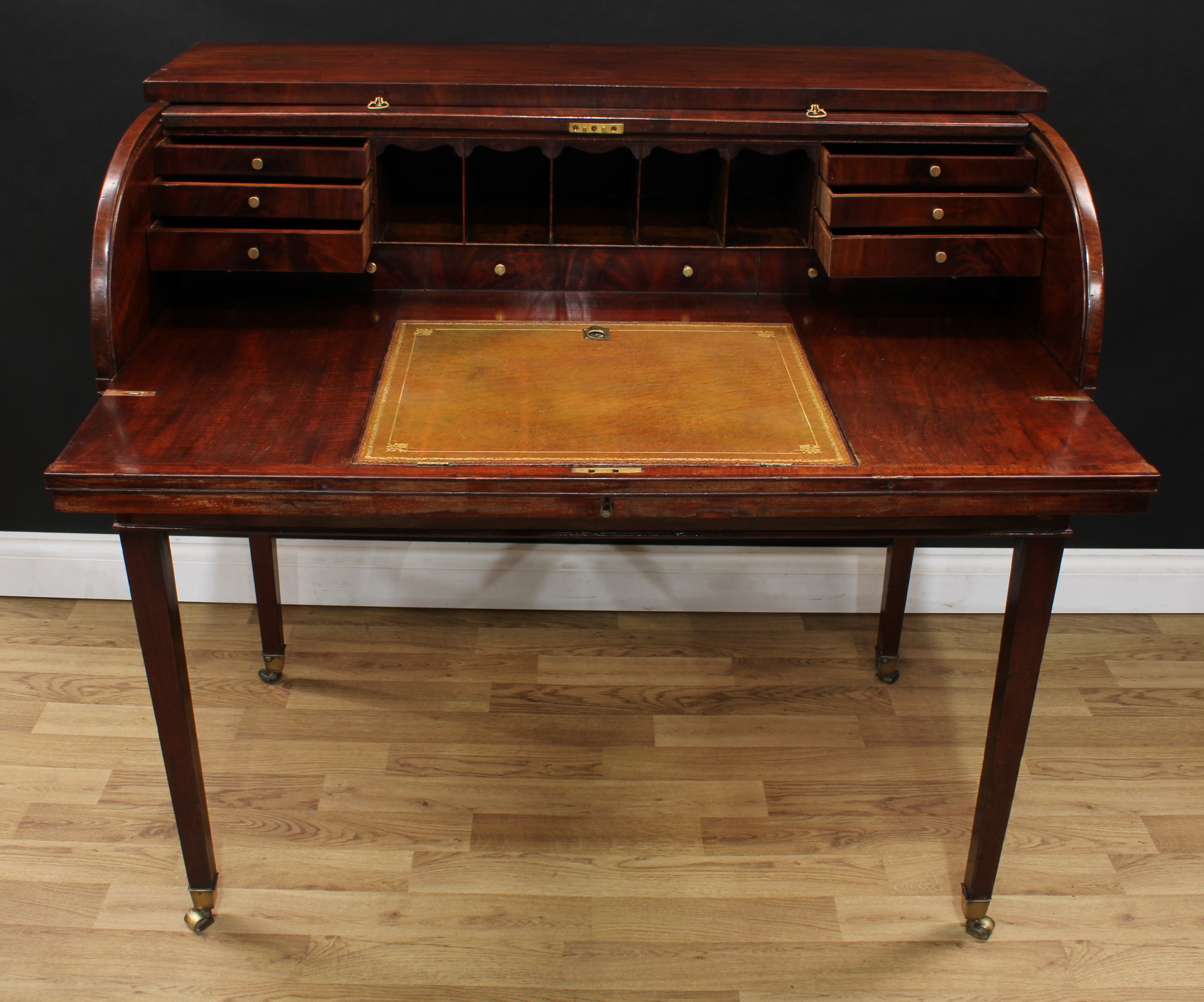 A George III mahogany tambour-fronted writing desk, oversailing top above a retractable front - Image 4 of 9