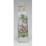 An 18th century Bohemian Rococo opaque milk glass tapering scent bottle, painted with a rustic