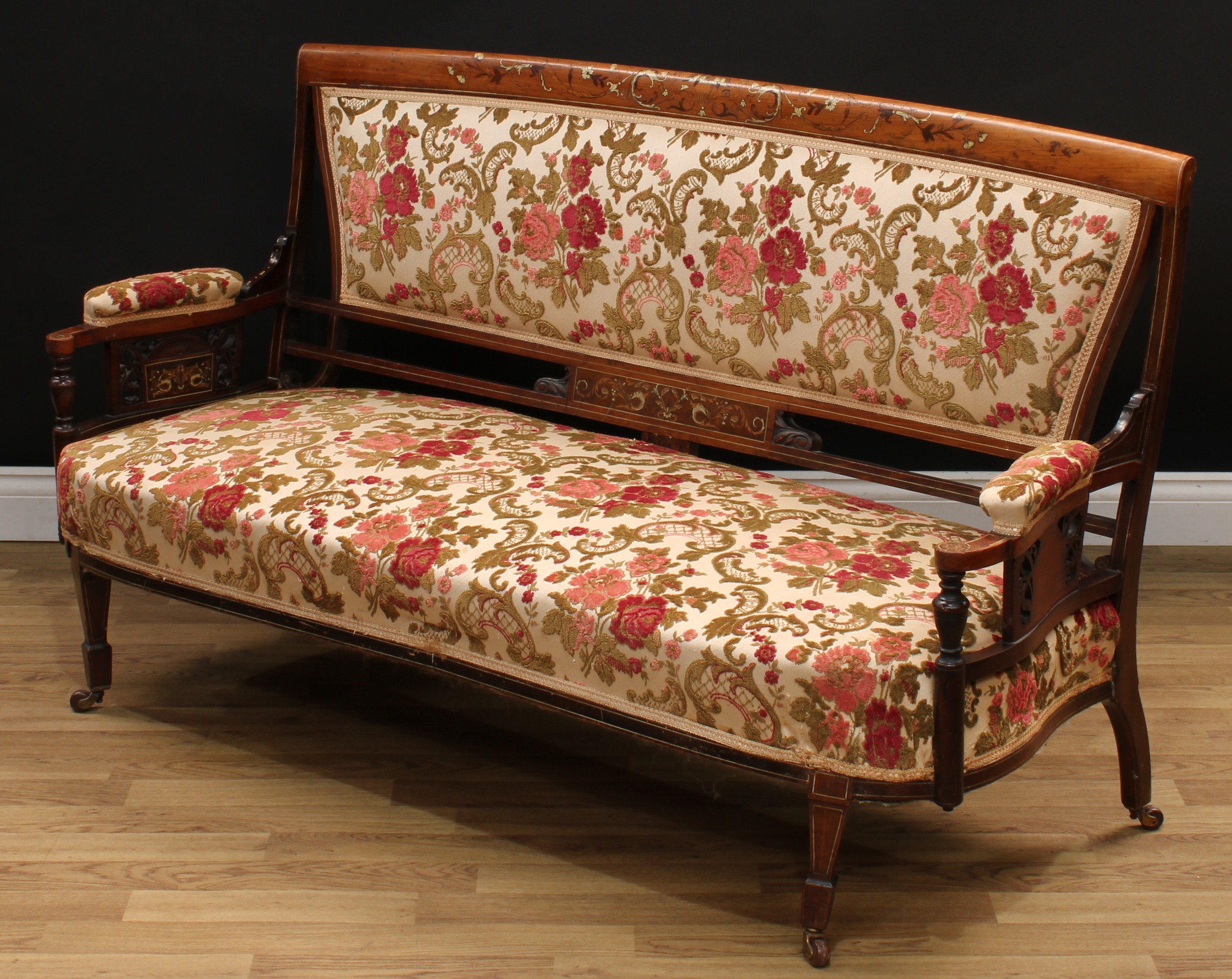 A late Victorian rosewood and marquetry four-piece drawing room suite, comprising a sofa, 85.5cm - Image 3 of 12