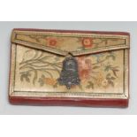 A 19th century staw work and red morocco aide memoir, folding cover decorated with flowers and
