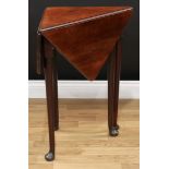 A George III mahogany gateleg occasional table, triangular top with fall leaves forming a rectangle,
