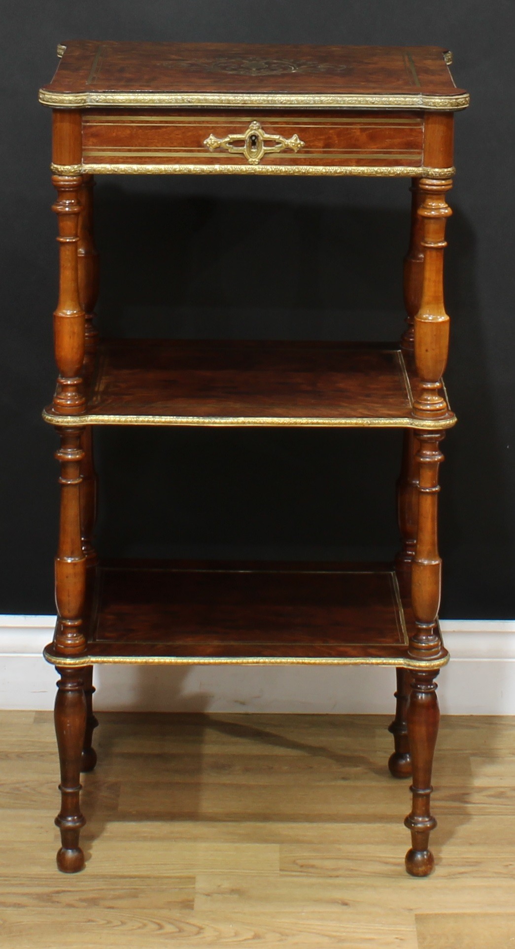 A 19th century French brass mounted and marquetry bijouterie etagere, hinged rectangular top - Image 2 of 6