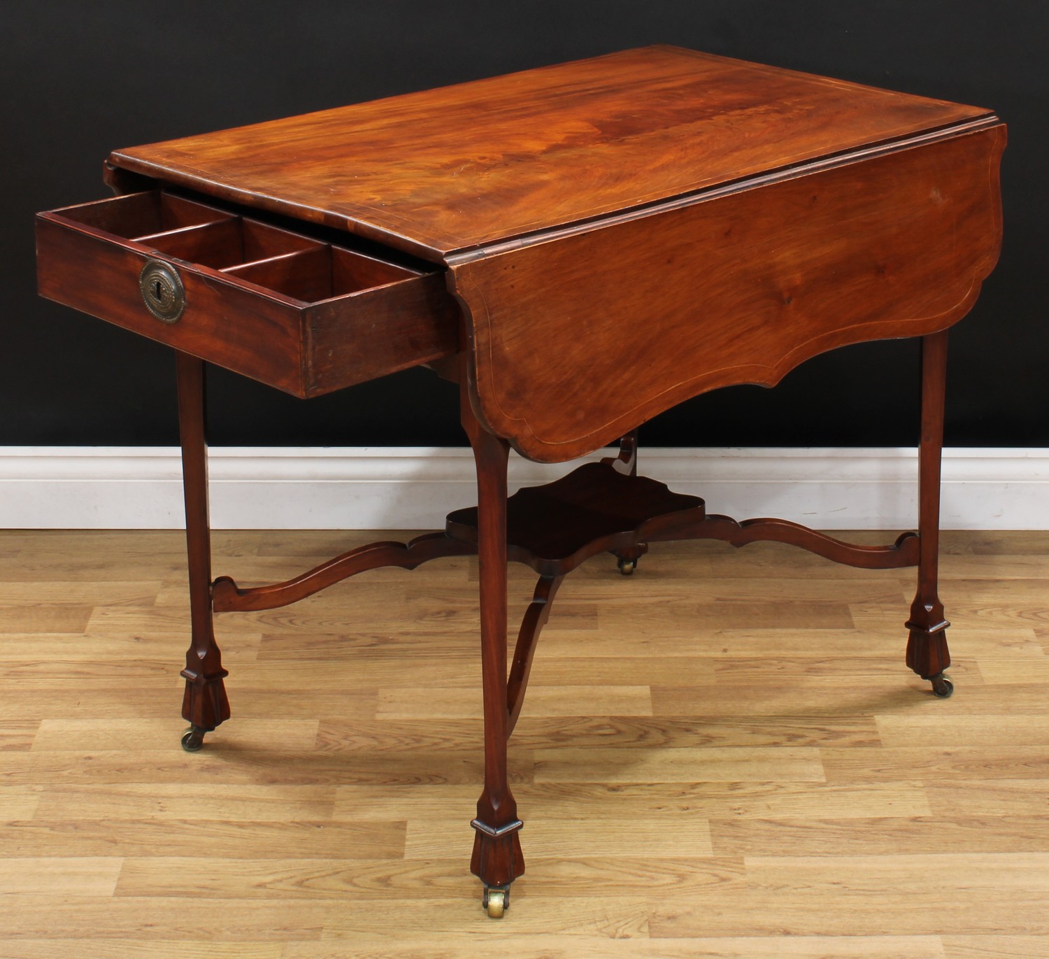 A 19th century mahogany Pembroke table, rectangular top with shaped fall leaves outlined with - Image 5 of 5