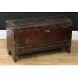 An 18th century oak six-plank chest, of child's coffer proportions, hinged top enclosing a till,