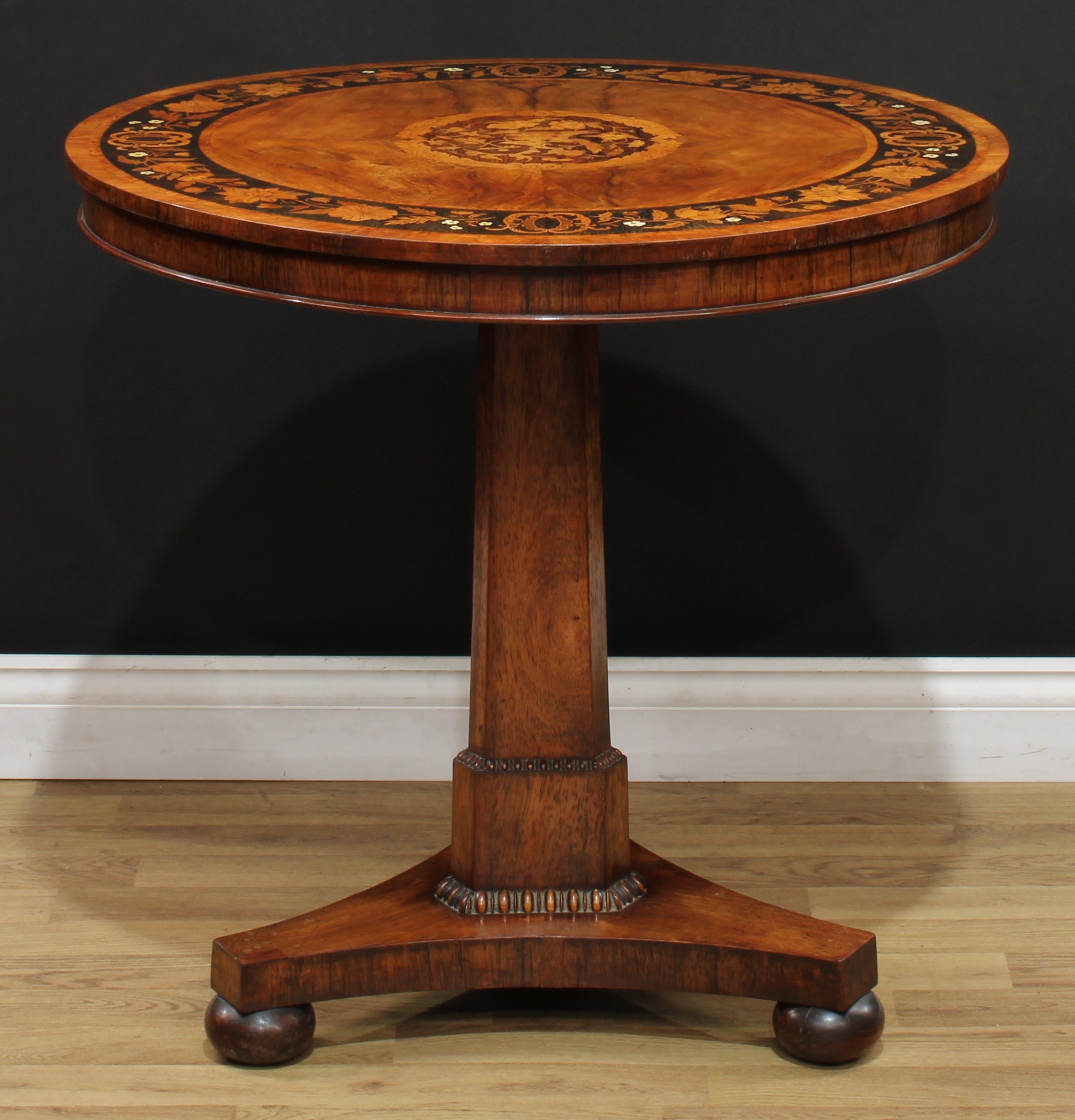 A William IV walnut, rosewood and marquetry centre table, circular tilting top inlaid with a bird - Image 2 of 4