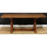 Robert Thompson, Mouseman of Kilburn - an oak refectory trestle dining table, adzed rectangular top,