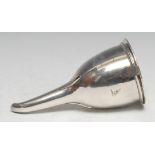 A 19th century silver coloured metal wine funnel, reeded rim, curved spout, 15cm long, unmarked, 5.