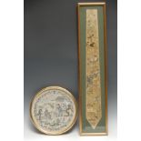 A Chinese circular needlework panel, in silk with an official seated at a table, 22cm diam, Qing