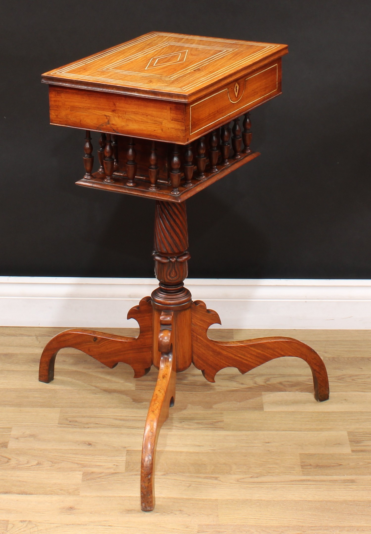 A 19th century Anglo-Indian rosewood tripod work table, hinged top enclosing a fitted interior - Image 6 of 8