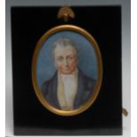 English School (19th century), a portrait miniature, of a gentleman, half-length wearing a blue