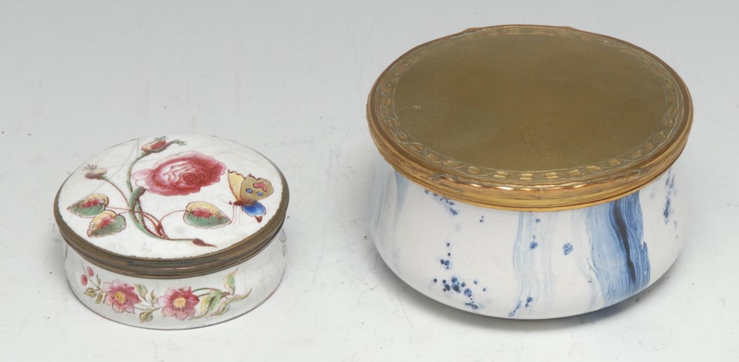 A large 18th century gilt-metal mounted faux marble enamel table-top snuff box, the ogee base en